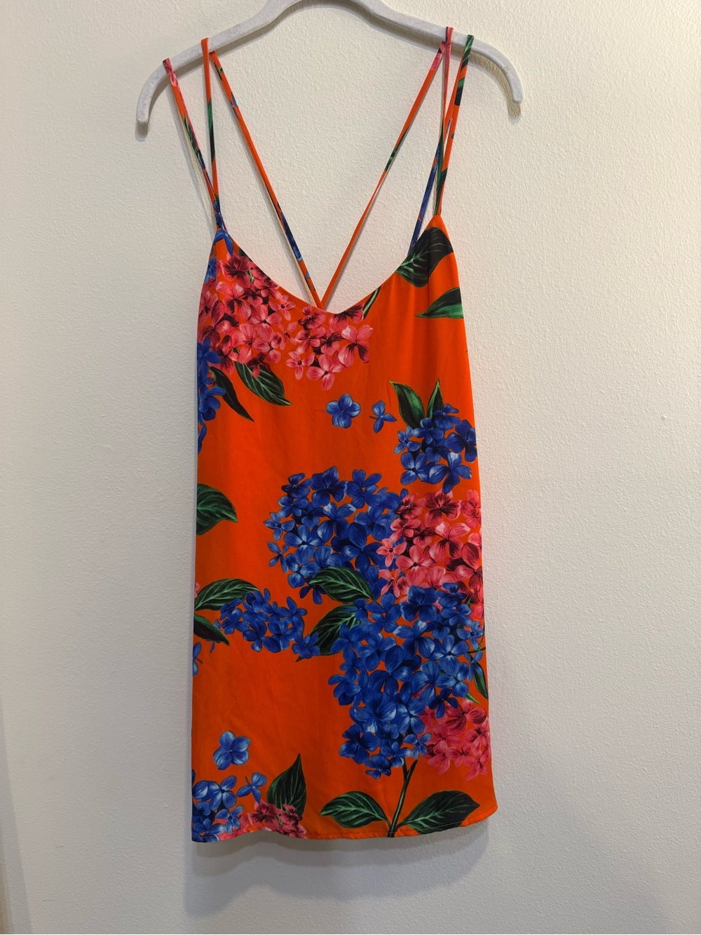 Show Me Your MuMu Orange Mini Slip Dress with Blue & Pink Floral Print